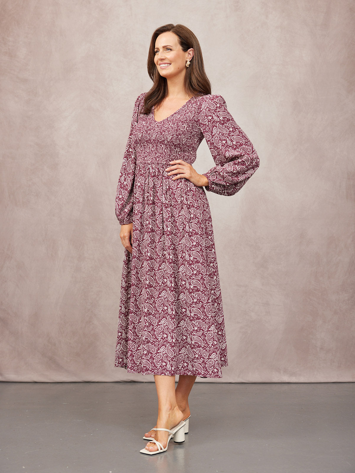 Gillian Shirred Bodice Dress - Maroon Paisley Print
