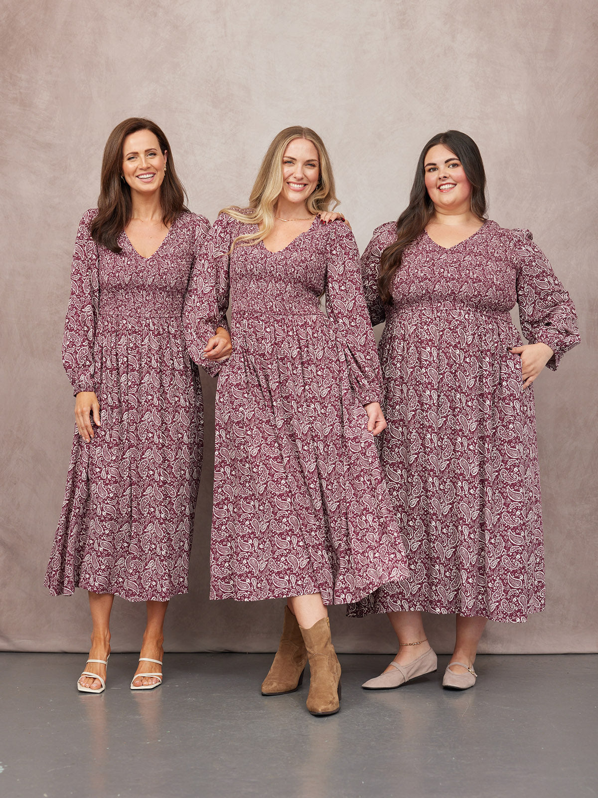 Gillian Shirred Bodice Dress - Maroon Paisley Print