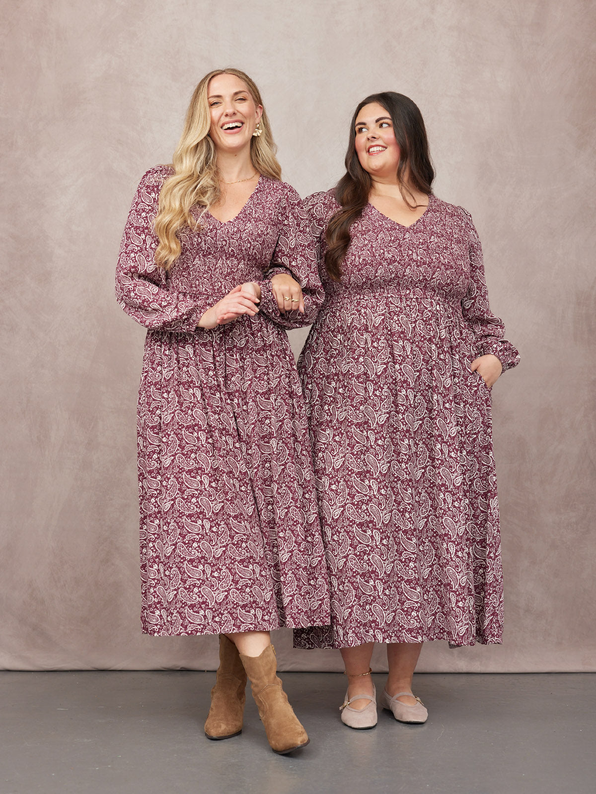 Gillian Shirred Bodice Dress - Maroon Paisley Print