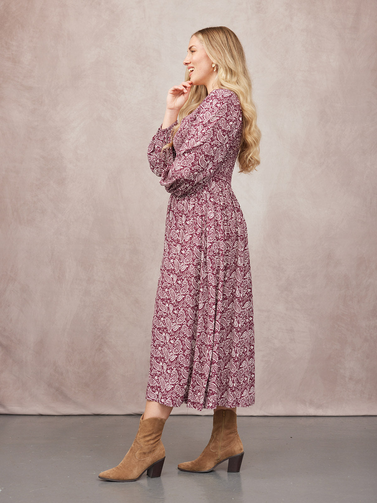 Gillian Shirred Bodice Dress - Maroon Paisley Print