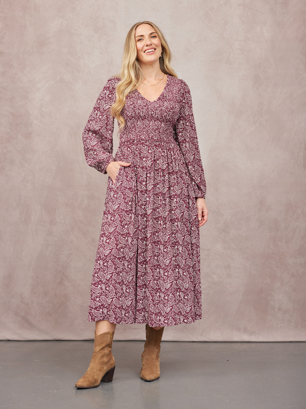 Gillian Shirred Bodice Dress - Maroon Paisley Print