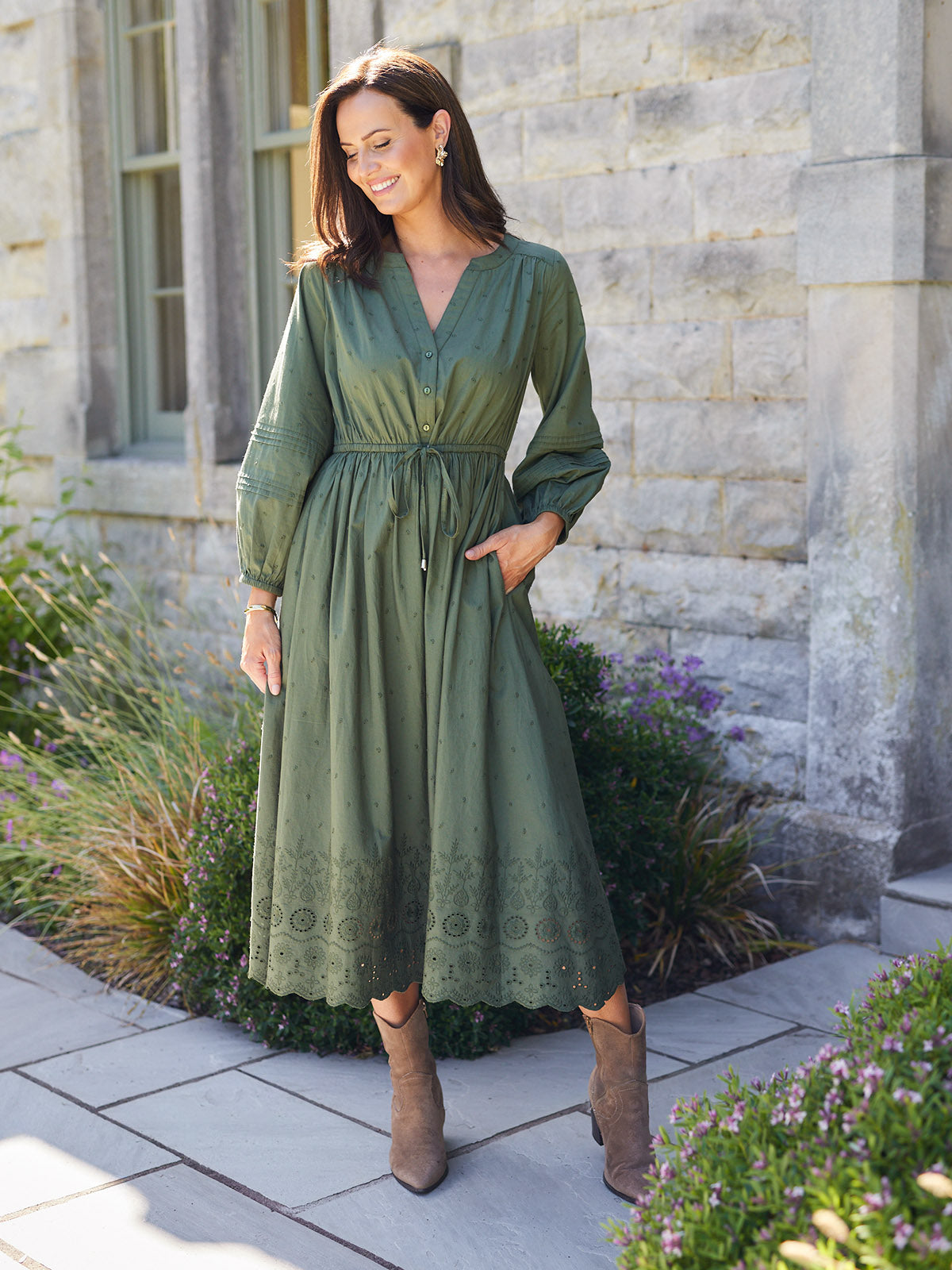 Ellen Long Sleeve Tie Waist Broderie Detail Dress - Khaki