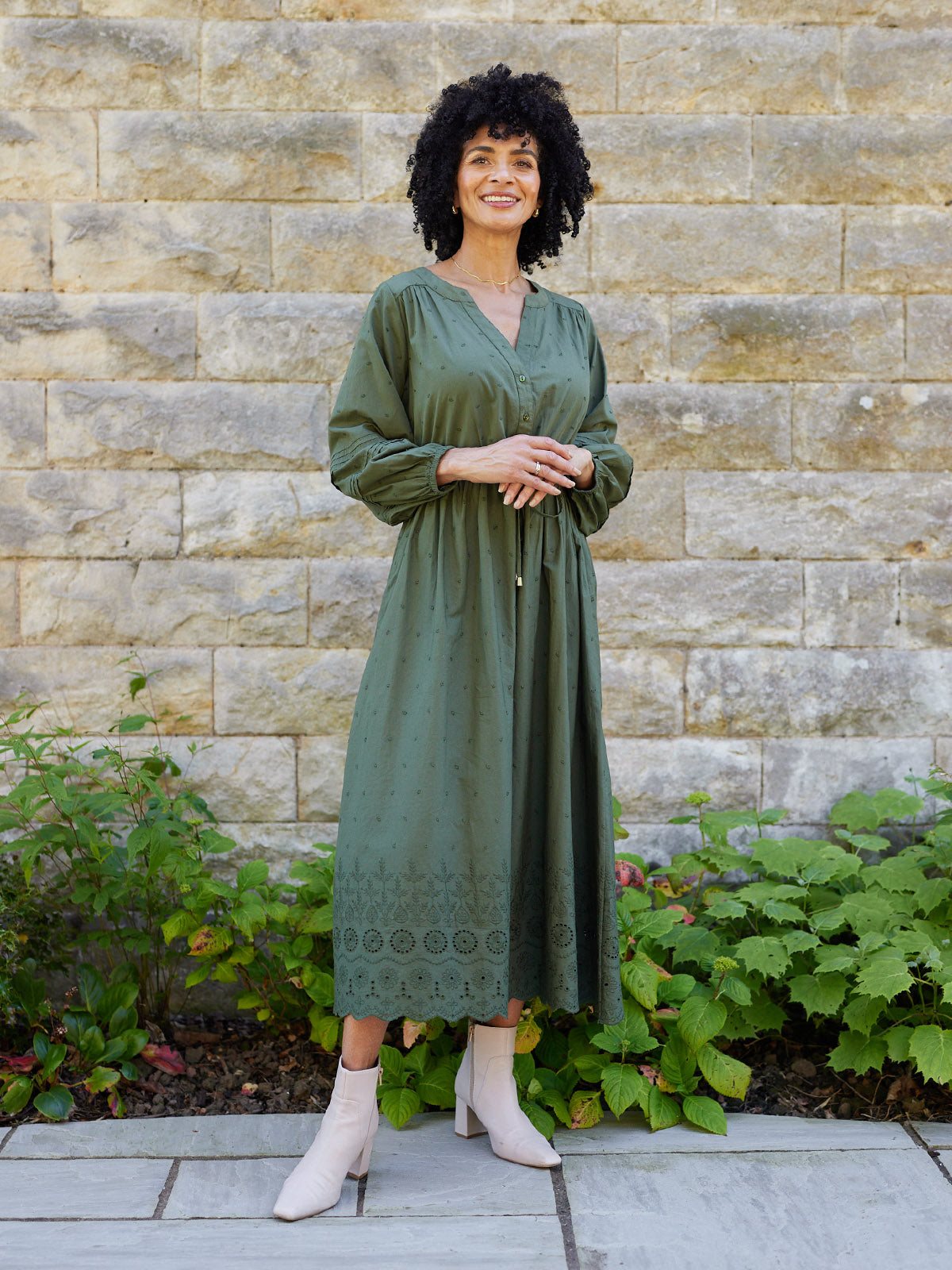 Ellen Long Sleeve Tie Waist Broderie Detail Dress - Khaki