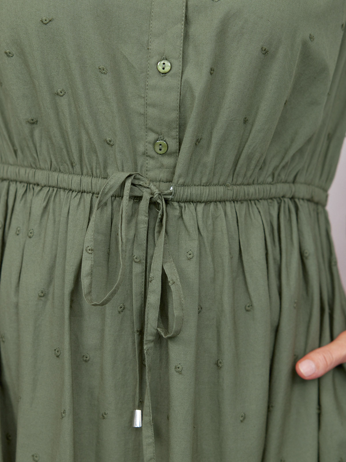 Ellen Long Sleeve Tie Waist Broderie Detail Dress - Khaki