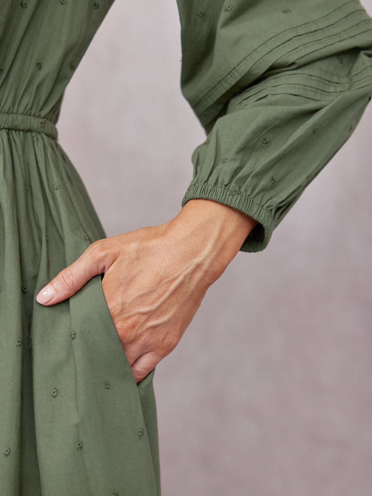 Ellen Long Sleeve Tie Waist Broderie Detail Dress - Khaki