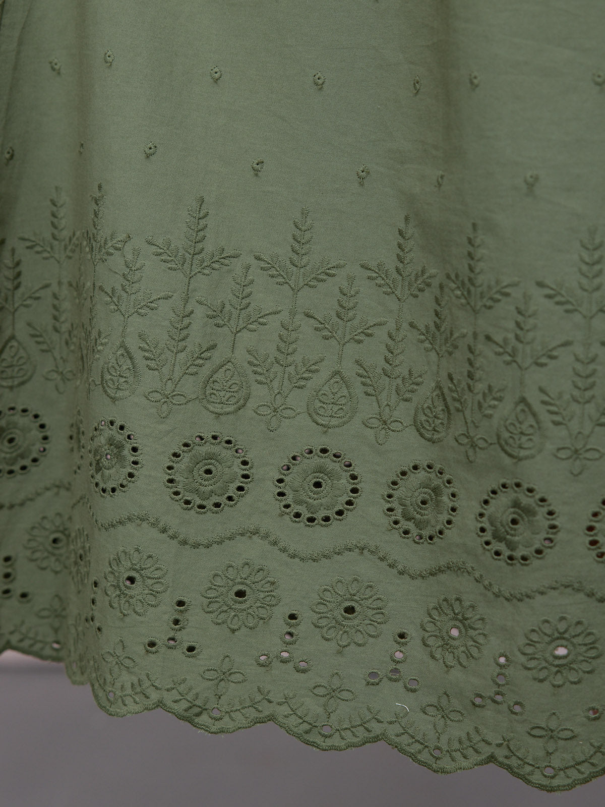 Ellen Long Sleeve Tie Waist Broderie Detail Dress - Khaki