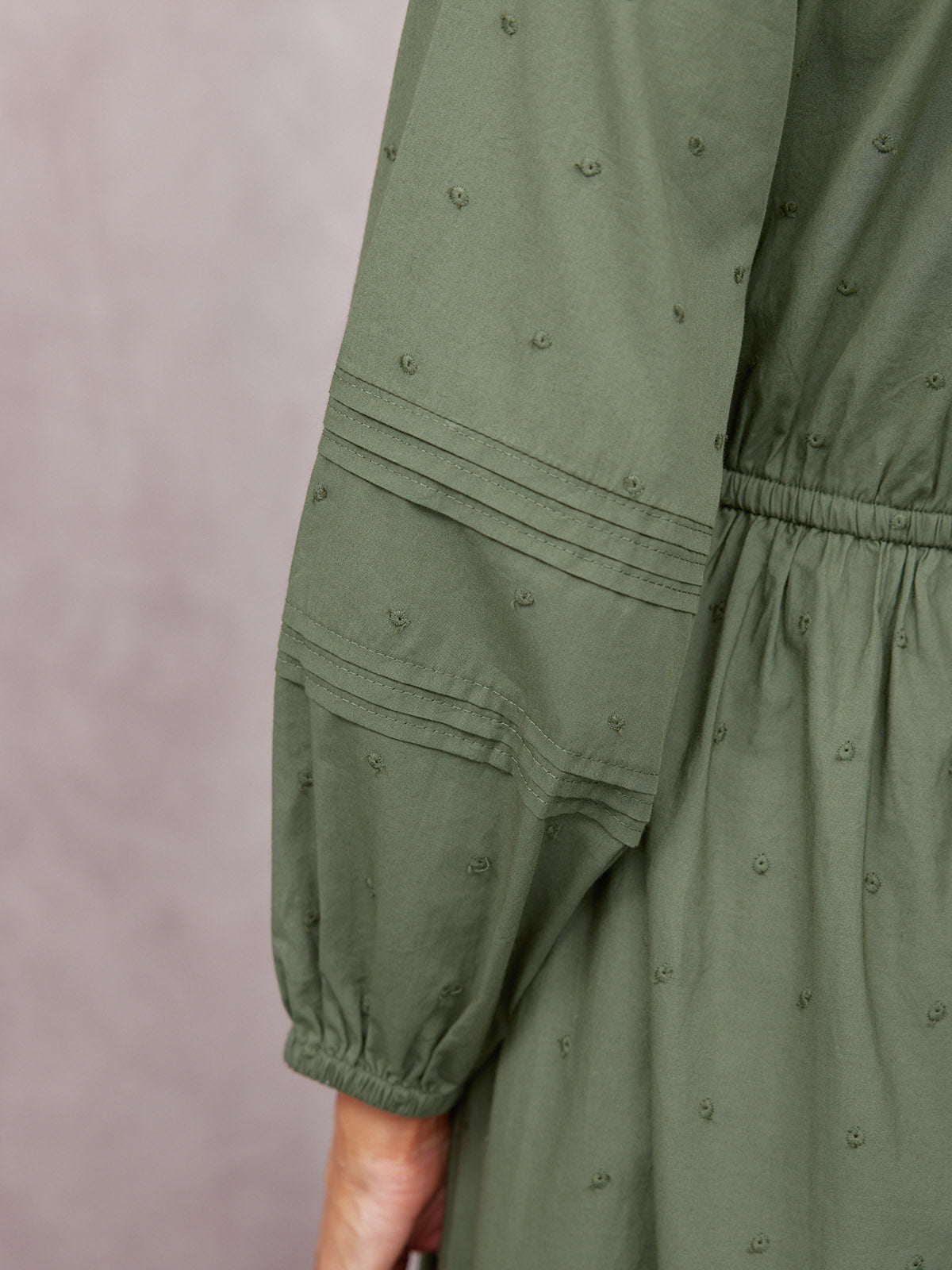 Ellen Long Sleeve Tie Waist Broderie Detail Dress - Khaki