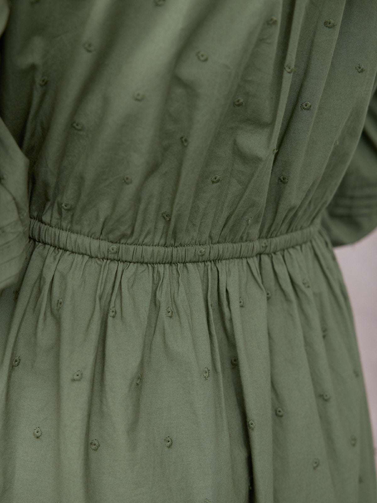 Ellen Long Sleeve Tie Waist Broderie Detail Dress - Khaki
