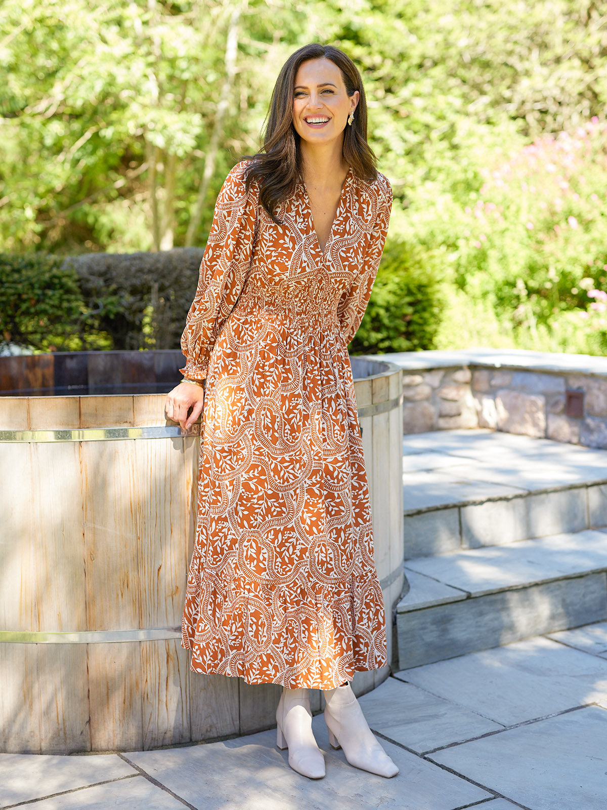 Carrie Shirred Waist Dress - Burnt Orange & Ecru Block Print