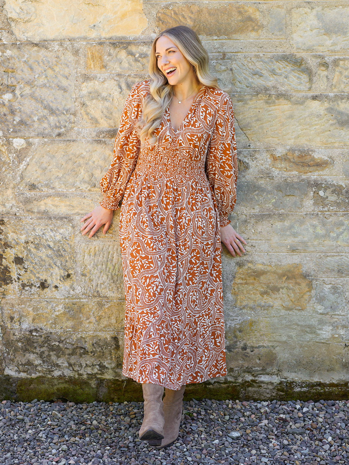 Carrie Shirred Waist Dress - Burnt Orange & Ecru Block Print