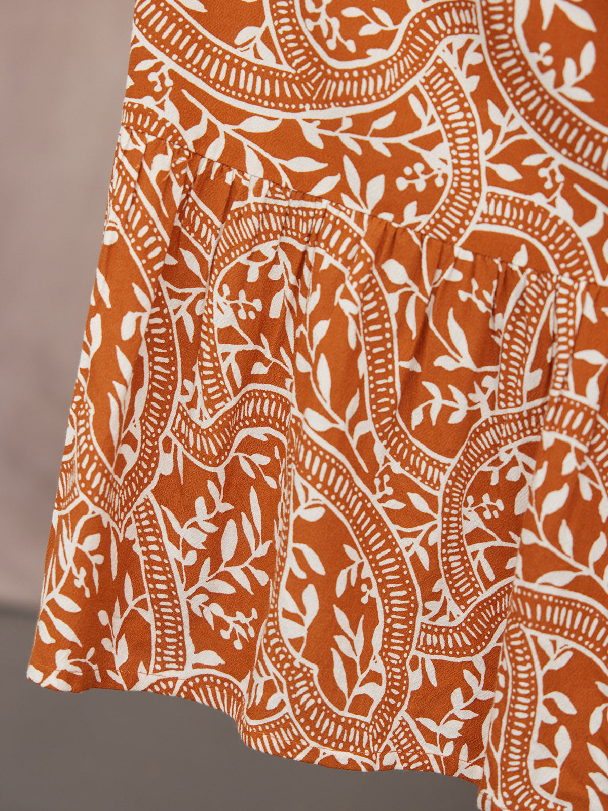 Carrie Shirred Waist Dress - Burnt Orange & Ecru Block Print