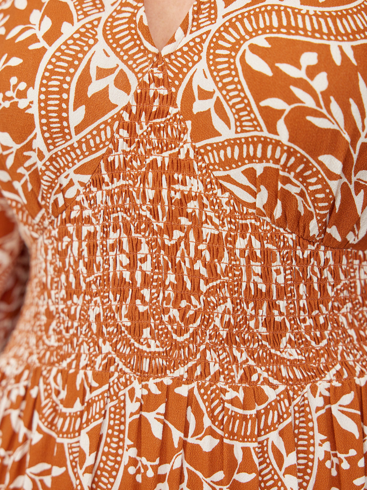 Carrie Shirred Waist Dress - Burnt Orange & Ecru Block Print