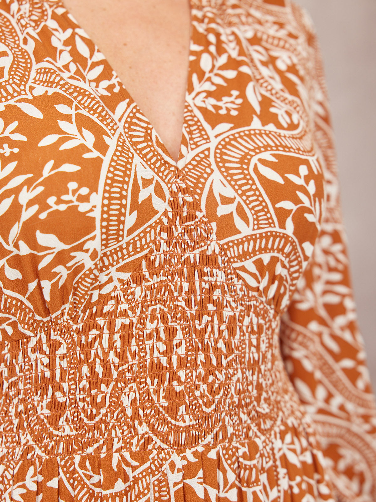 Carrie Shirred Waist Dress - Burnt Orange & Ecru Block Print