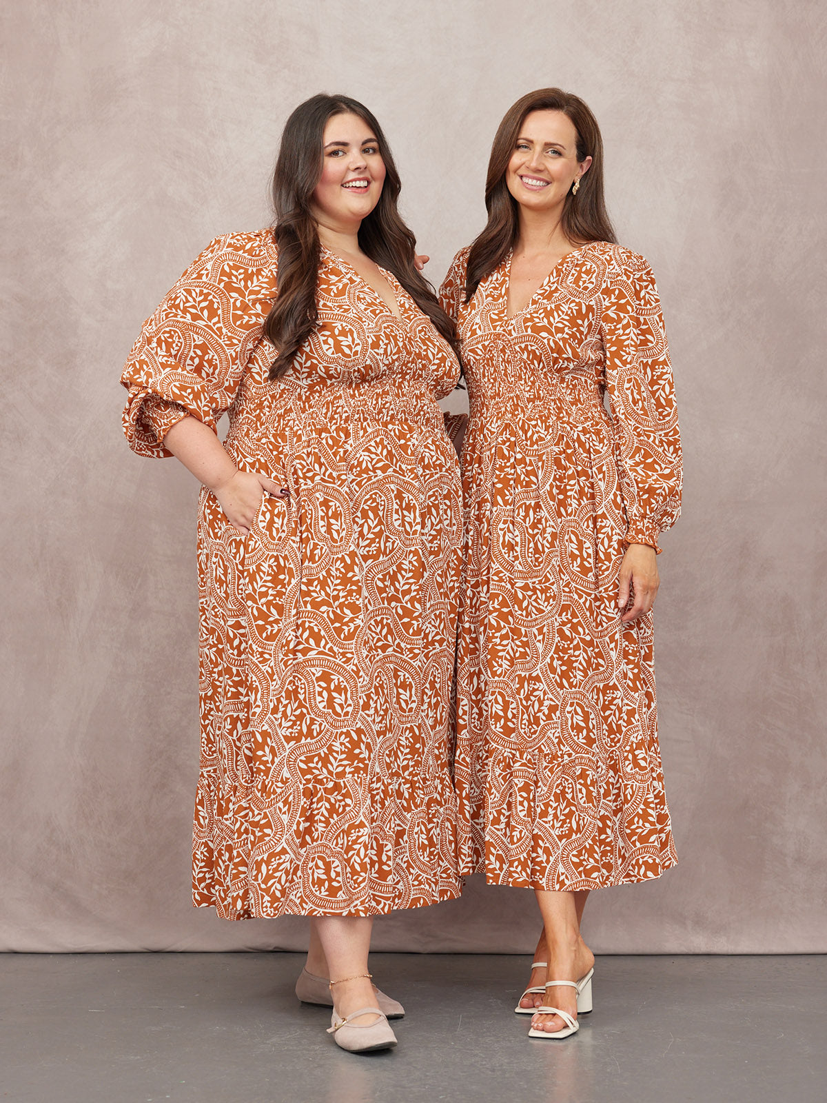 Carrie Shirred Waist Dress - Burnt Orange & Ecru Block Print