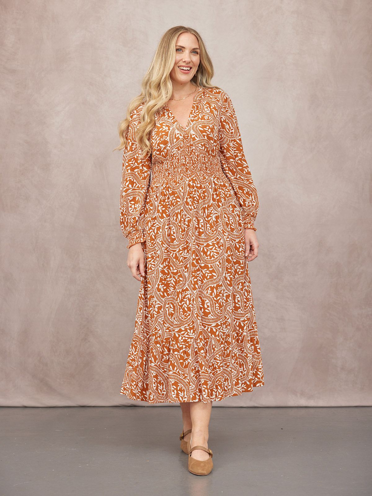 Carrie Shirred Waist Dress - Burnt Orange & Ecru Block Print
