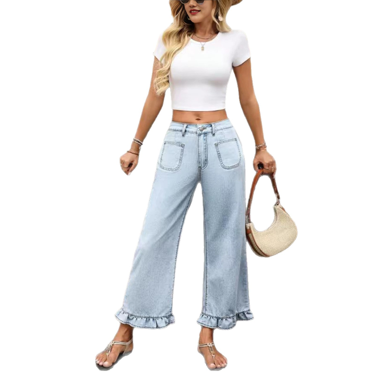 Vaqueros Wide-Leg con Volante en el Bajo