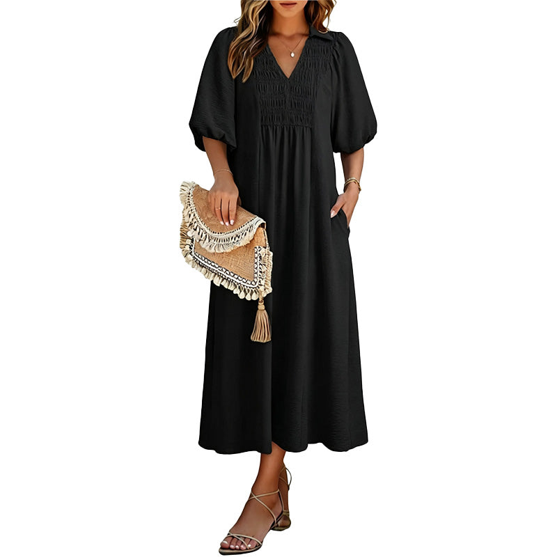 Vestido Largo Escote V con Cuerpo Fruncido