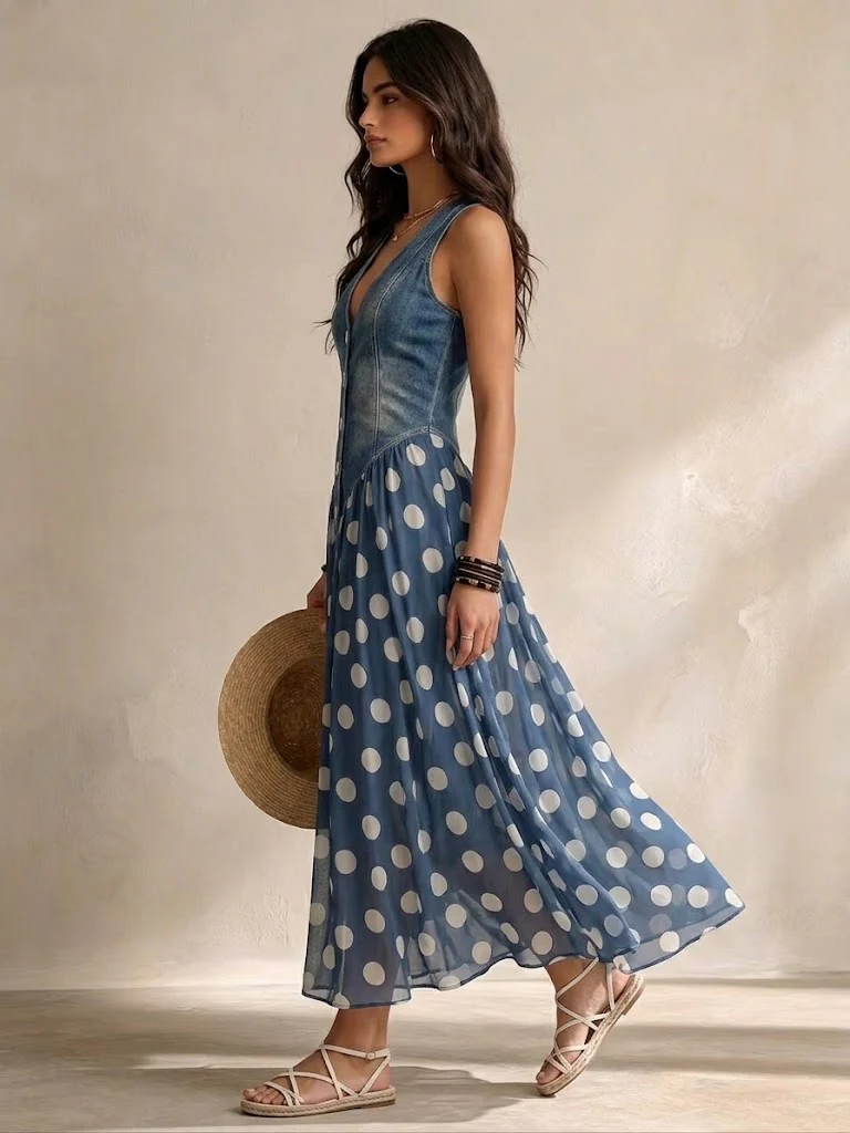 Adeline | Vestido Largo Denim con Falda de Lunares
