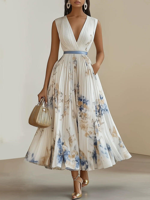 Chloe | Robe midi plissée en chiffon floral blanc à décolleté en V