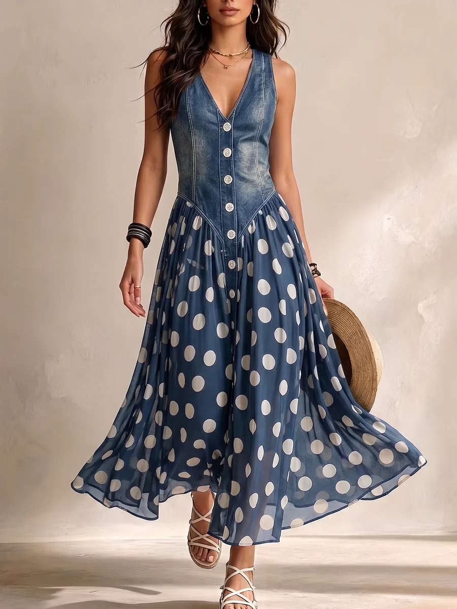 Adeline | Vestido Largo Denim con Falda de Lunares