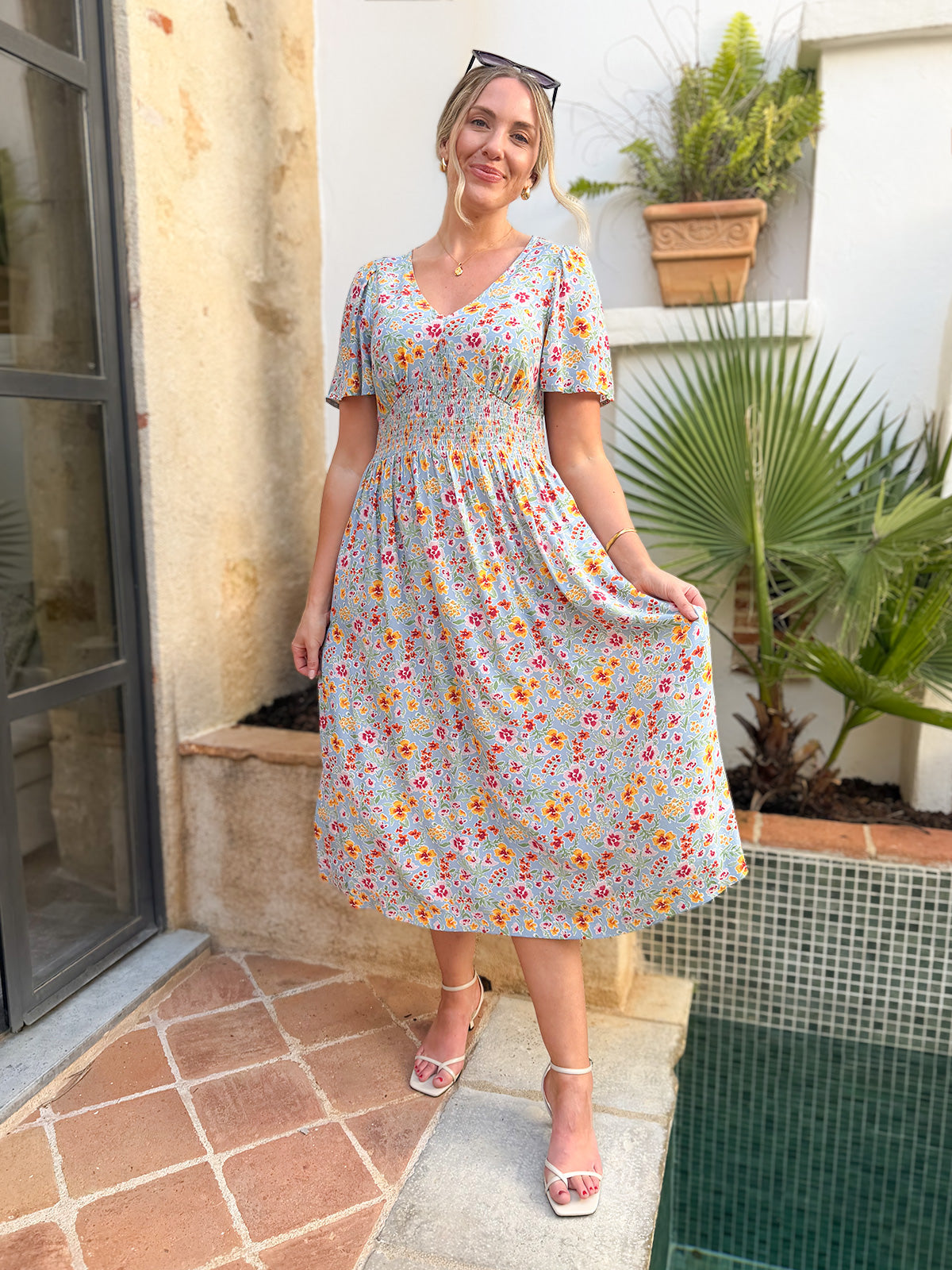 Maddie Short Sleeve Dress -  Light Blue Floral Print