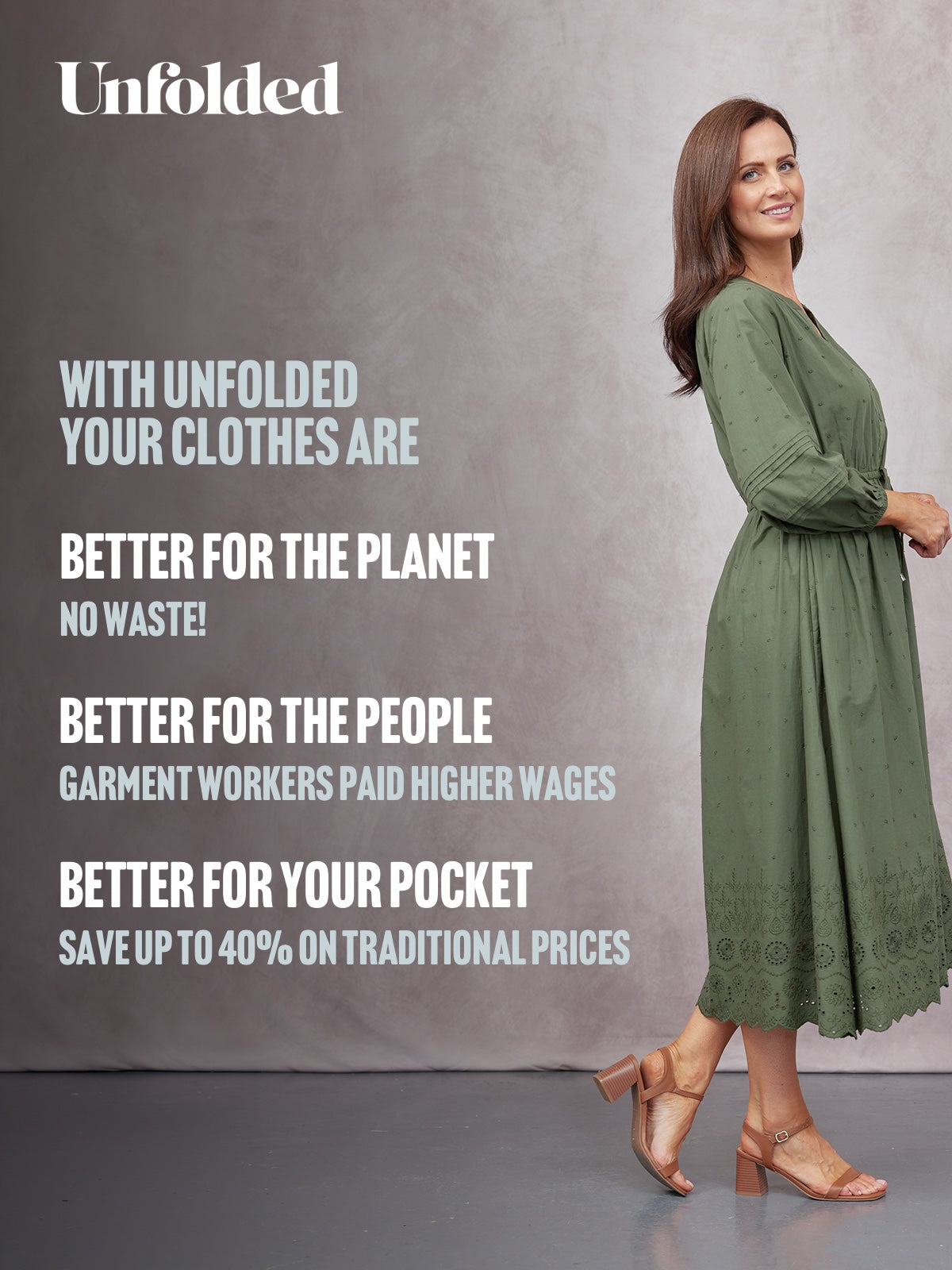 Ellen Long Sleeve Tie Waist Broderie Detail Dress - Khaki