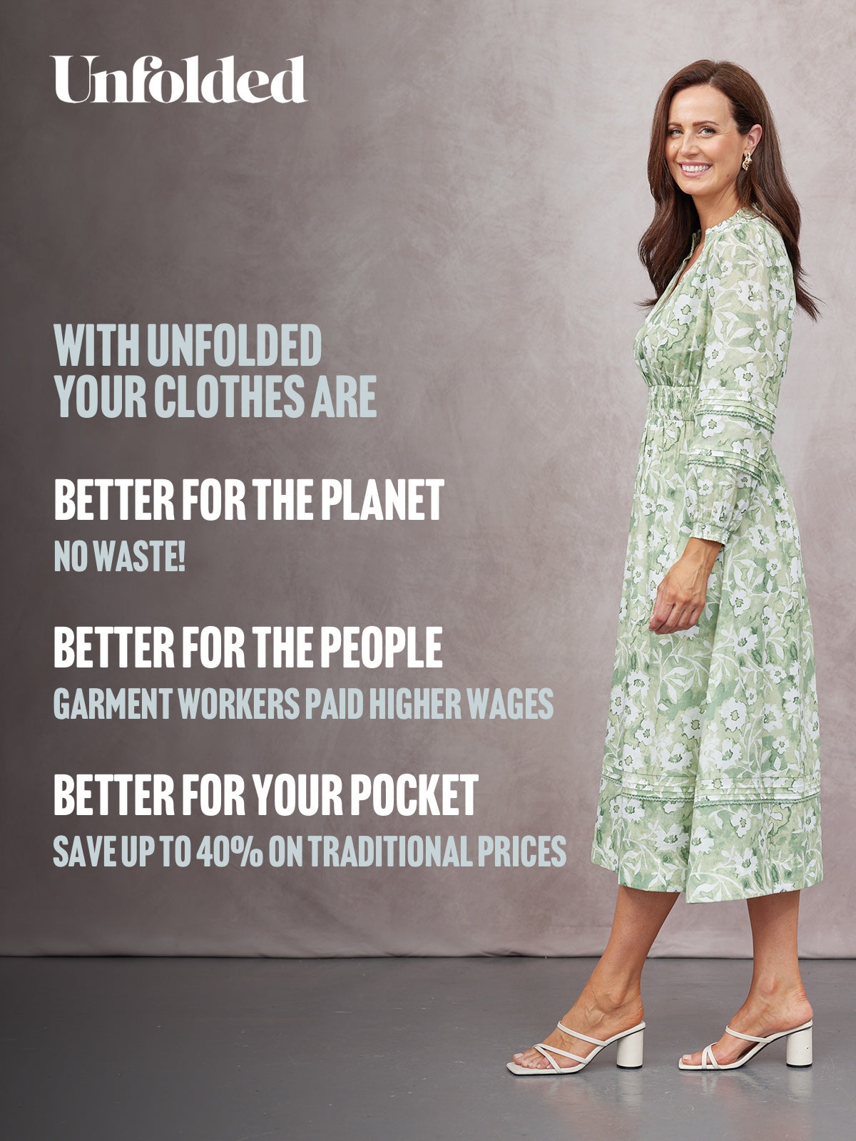 May Long Sleeve Shirred Neckline Dress - Green & White Watercolour Floral Print