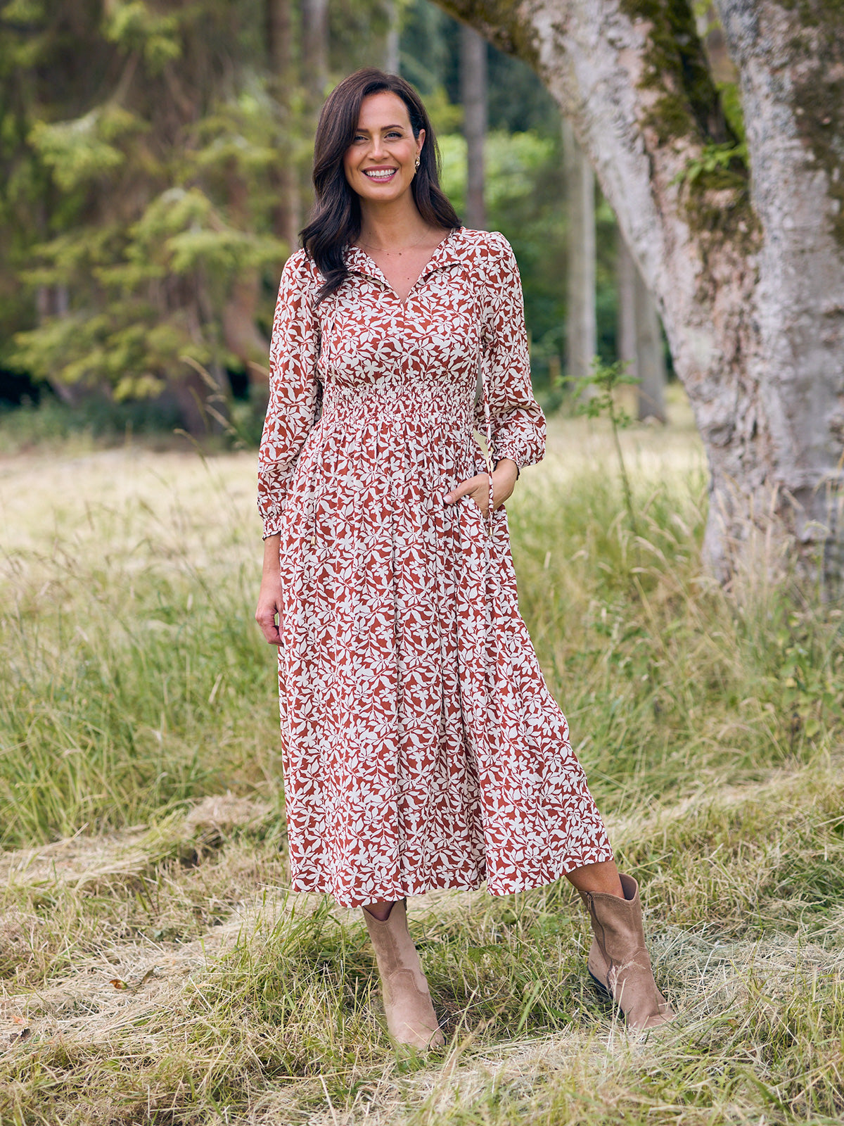 Vera Midi Dress - Terracotta & Ecru Floral Print