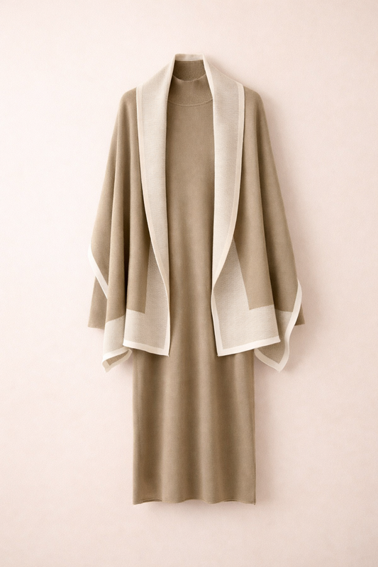 Vestido de Malha com Echarpe  Bege