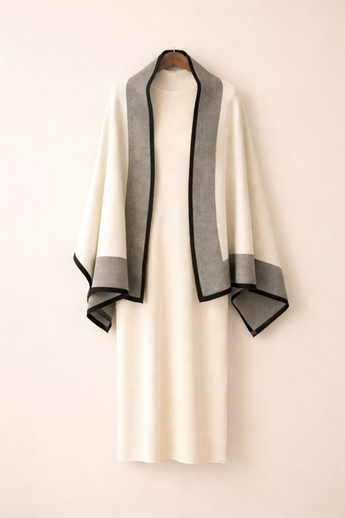 Vestido de Malha com Echarpe Creme