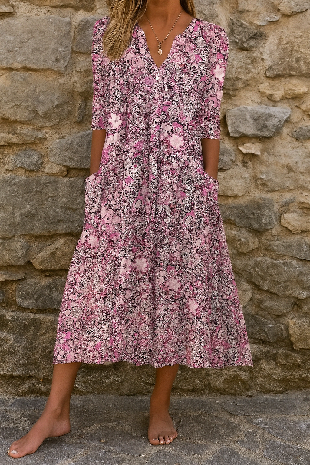 Élise | Vestido Midi Estampado con Escote en V