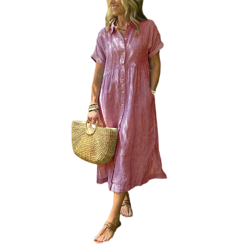 Vestido Midi Camisero con Botones a Rayas