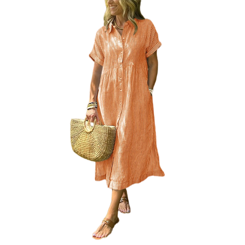Vestido Midi Camisero con Botones a Rayas
