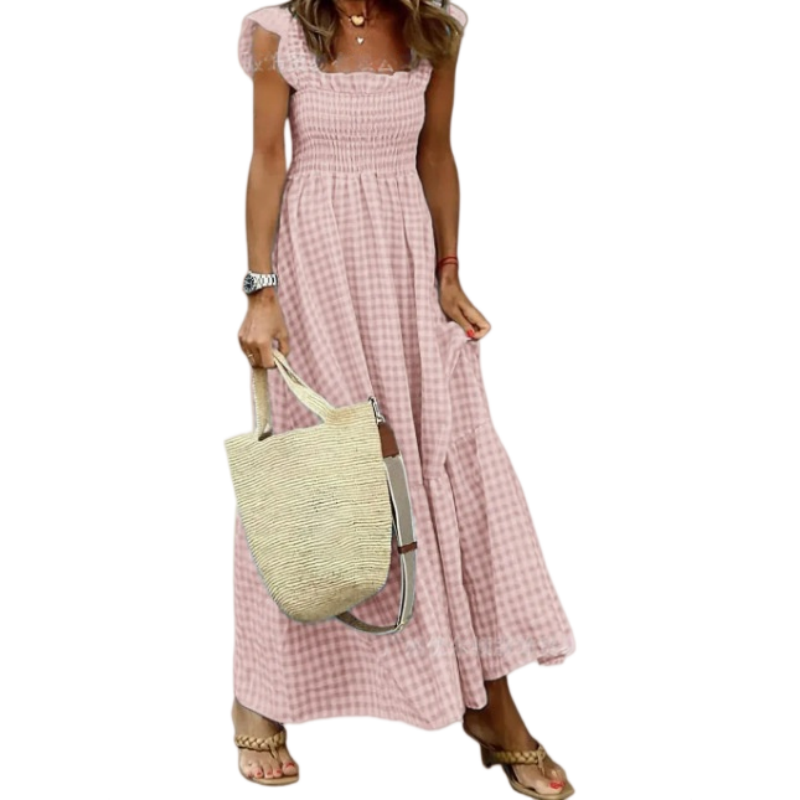 Vestido Largo Fruncido de Cuadros Vichy