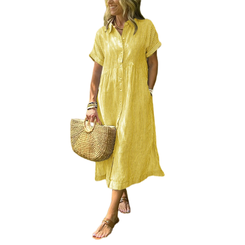 Vestido Midi Camisero con Botones a Rayas