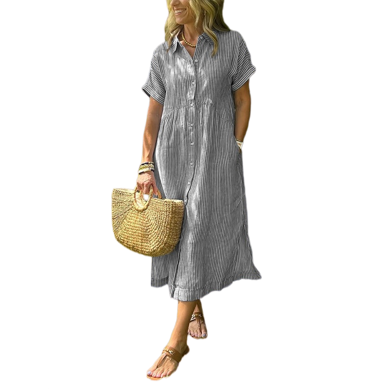 Vestido Midi Camisero con Botones a Rayas