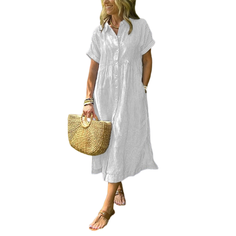 Vestido Midi Camisero con Botones a Rayas