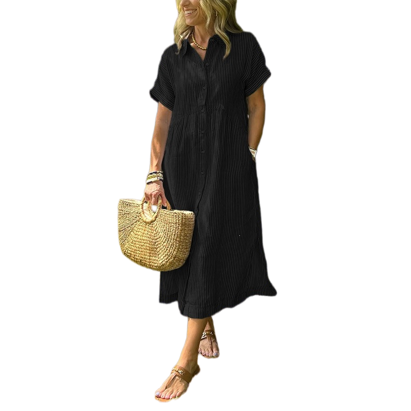 Vestido Midi Camisero con Botones a Rayas