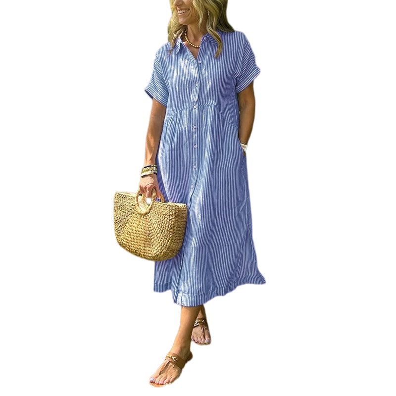 Vestido Midi Camisero con Botones a Rayas