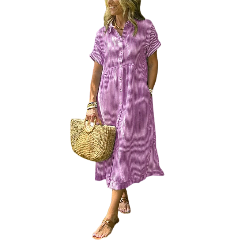 Vestido Midi Camisero con Botones a Rayas