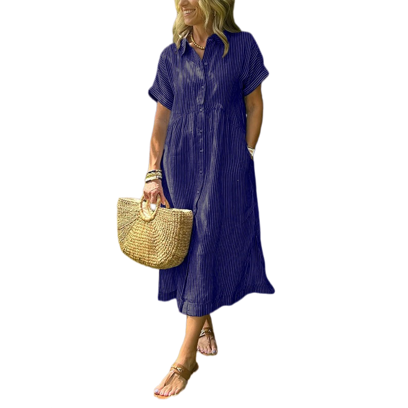 Vestido Midi Camisero con Botones a Rayas