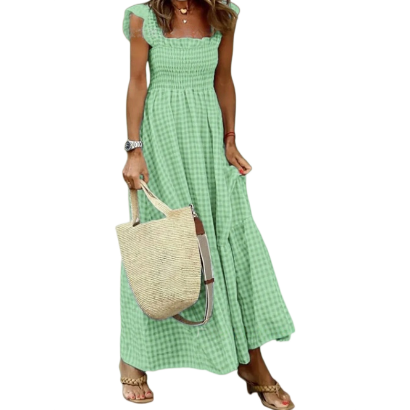 Vestido Largo Fruncido de Cuadros Vichy