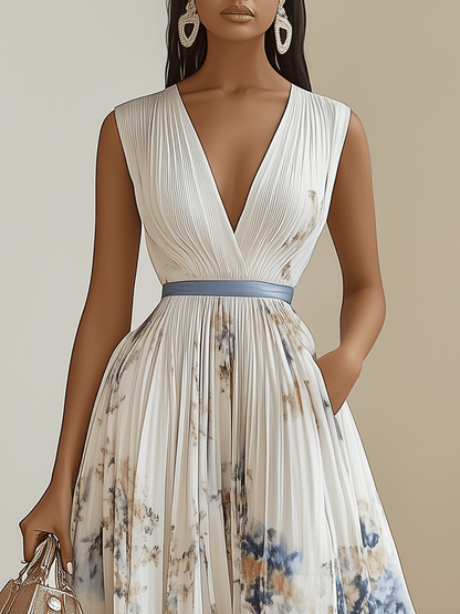 Chloe | Robe midi plissée en chiffon floral blanc à décolleté en V