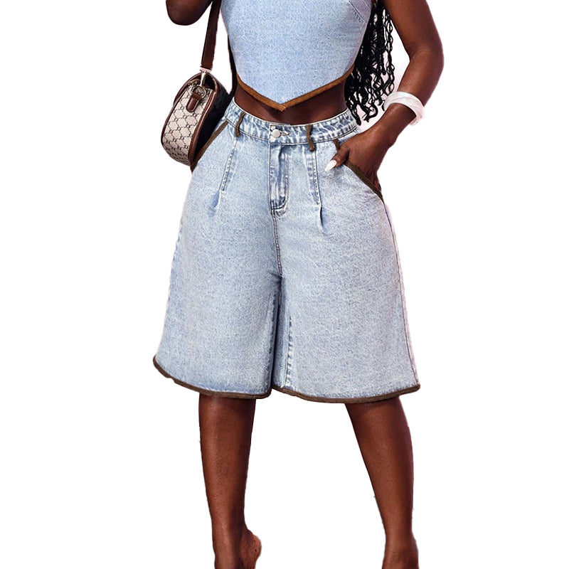 Shorts Denim Wide-Leg Vintage con Ribete de Contraste