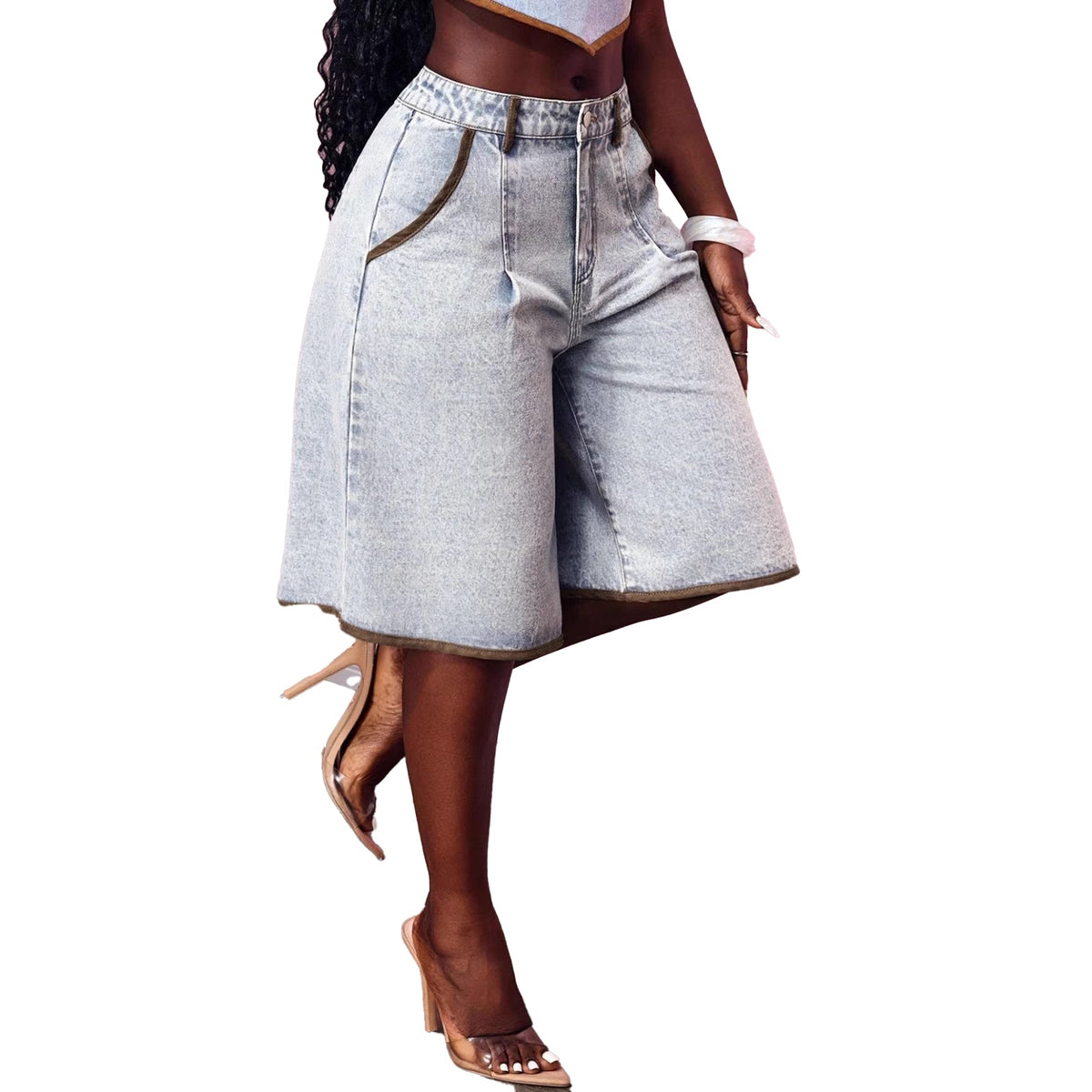 Shorts Denim Wide-Leg Vintage con Ribete de Contraste