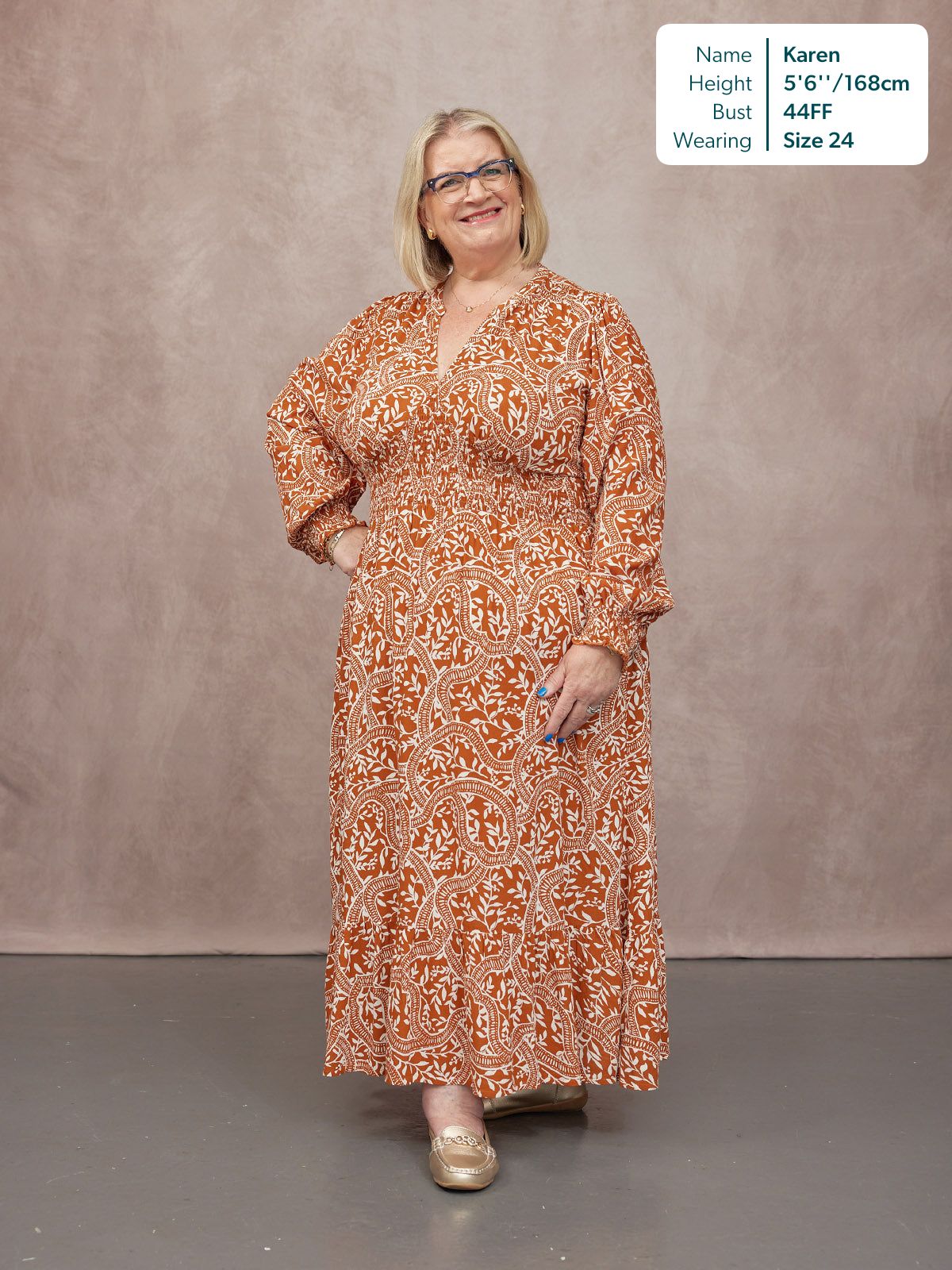 Carrie Shirred Waist Dress - Burnt Orange & Ecru Block Print