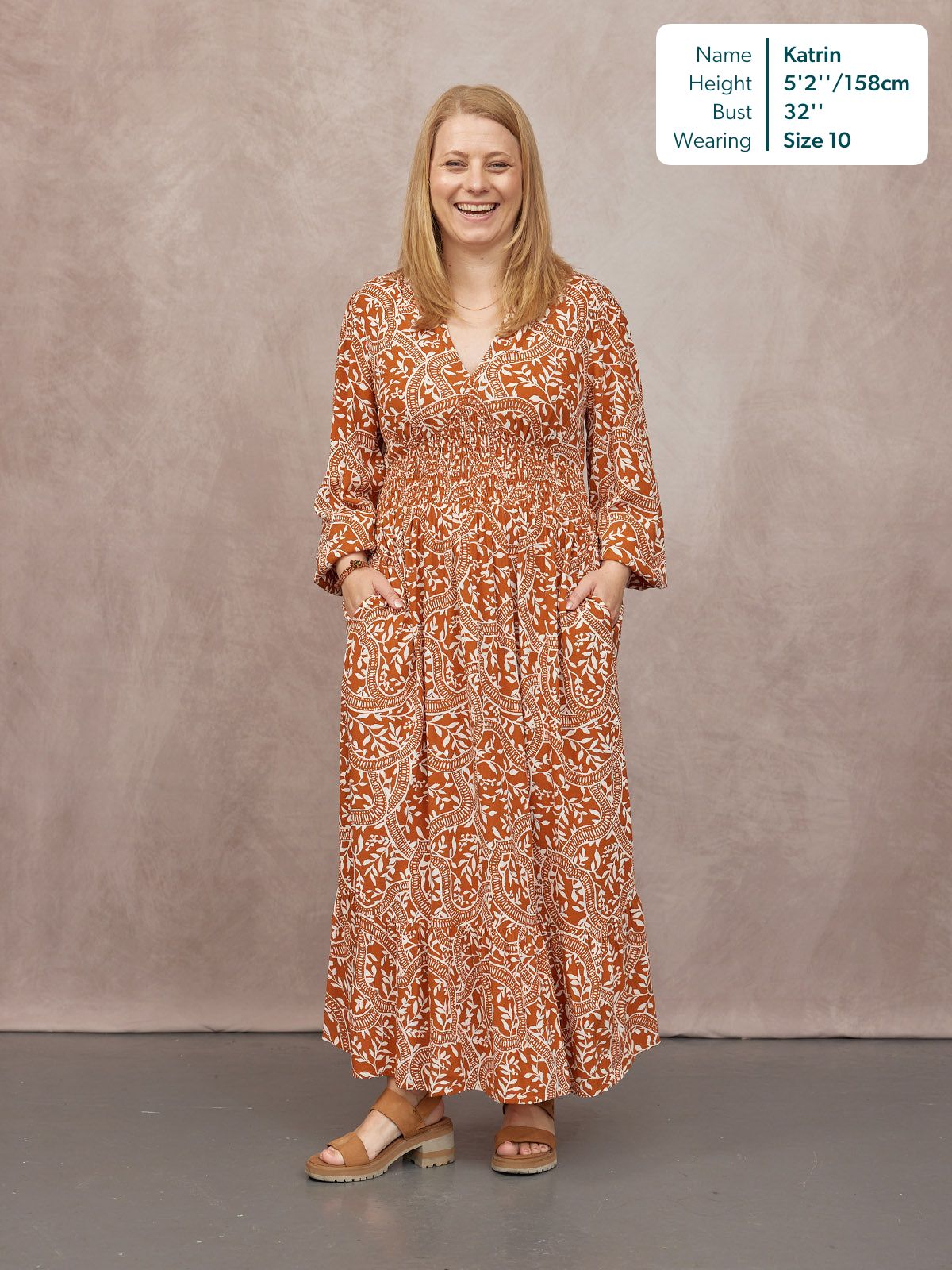 Carrie Shirred Waist Dress - Burnt Orange & Ecru Block Print
