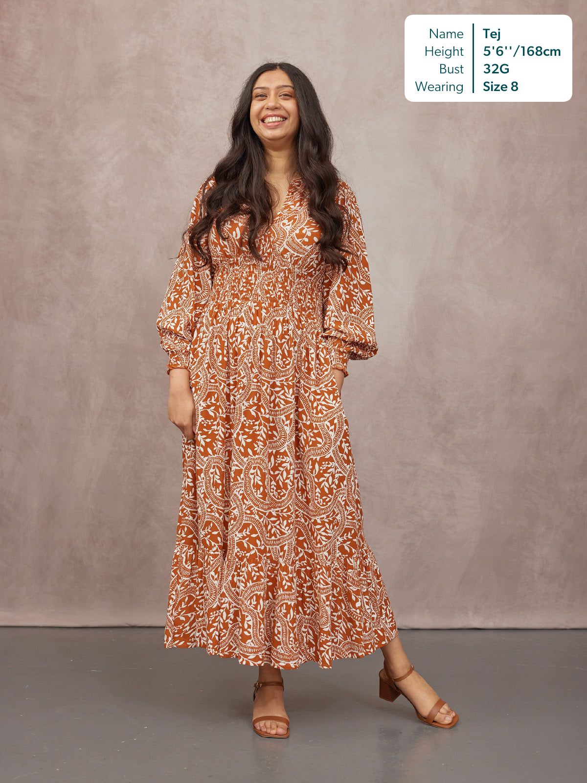 Carrie Shirred Waist Dress - Burnt Orange & Ecru Block Print