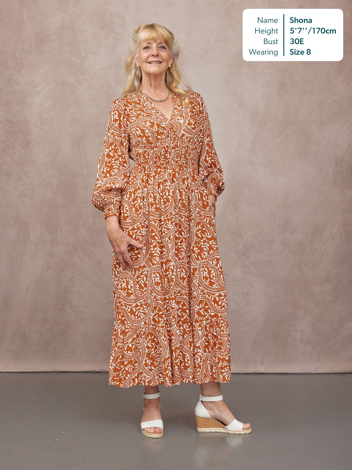 Carrie Shirred Waist Dress - Burnt Orange & Ecru Block Print