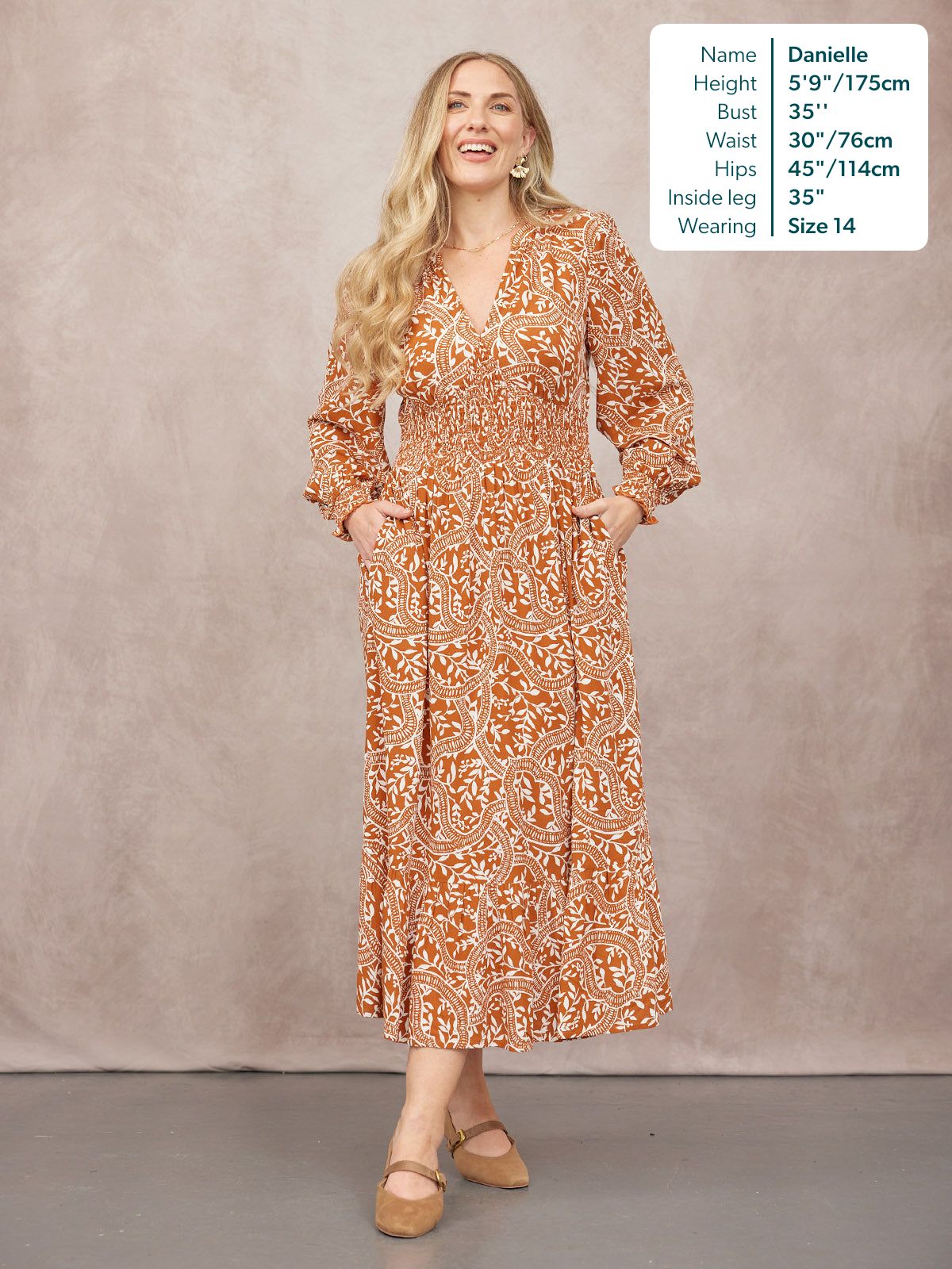 Carrie Shirred Waist Dress - Burnt Orange & Ecru Block Print